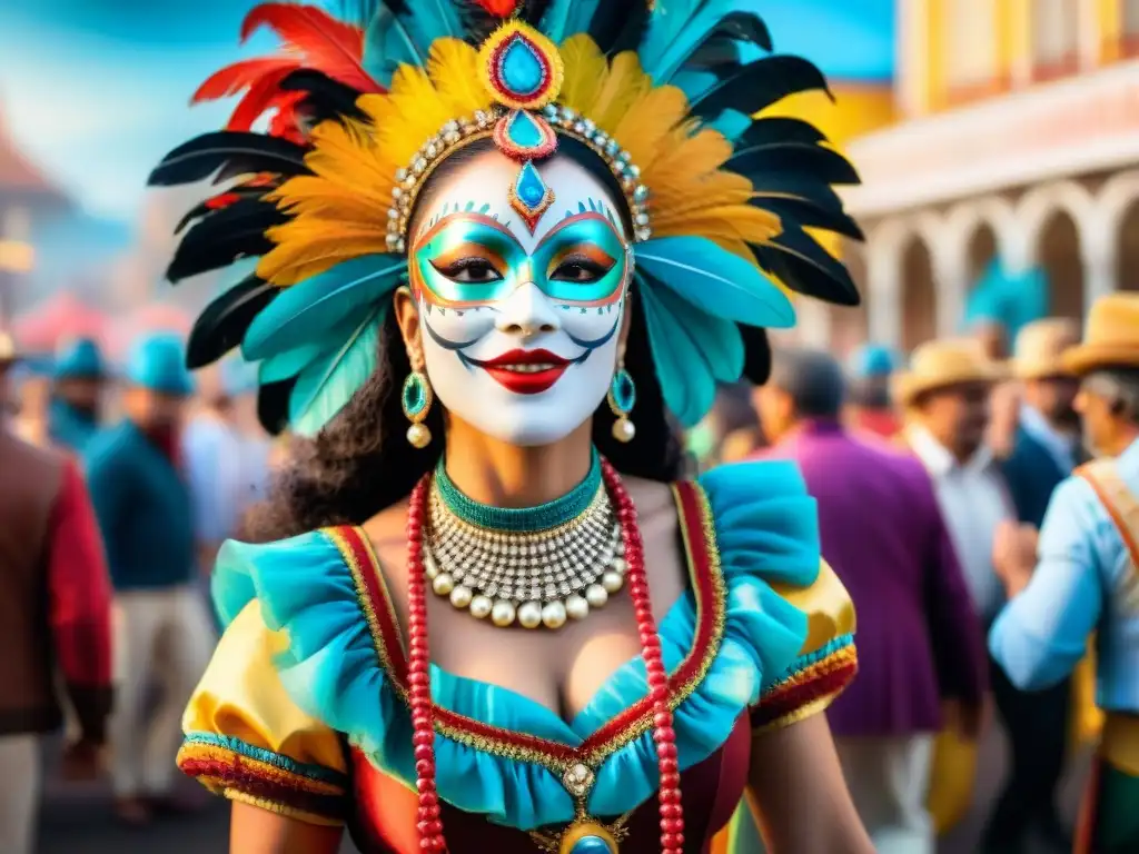 Colorida ilustración acuarela del carnaval uruguayo con bailarines, música y multitudes, capturando la autenticidad y alegría del evento