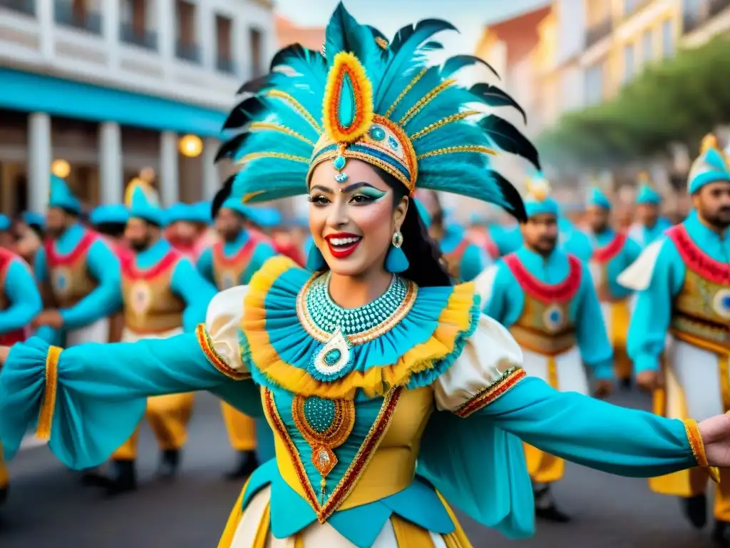 Colorida celebración del Carnaval Uruguayo con danzas alegres y trajes tradicionales, Alimentación saludable Carnaval Uruguayo