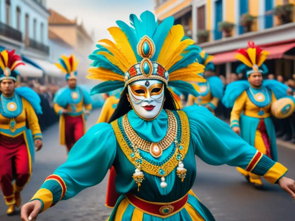 Colorida celebración del Carnaval Uruguayo, con danzas y vestimentas tradicionales, preservación de la historia Carnaval Uruguayo