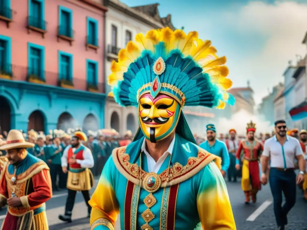 Colorida ilustración acuarela del Carnaval Uruguayo con desfile, mascaradas y música