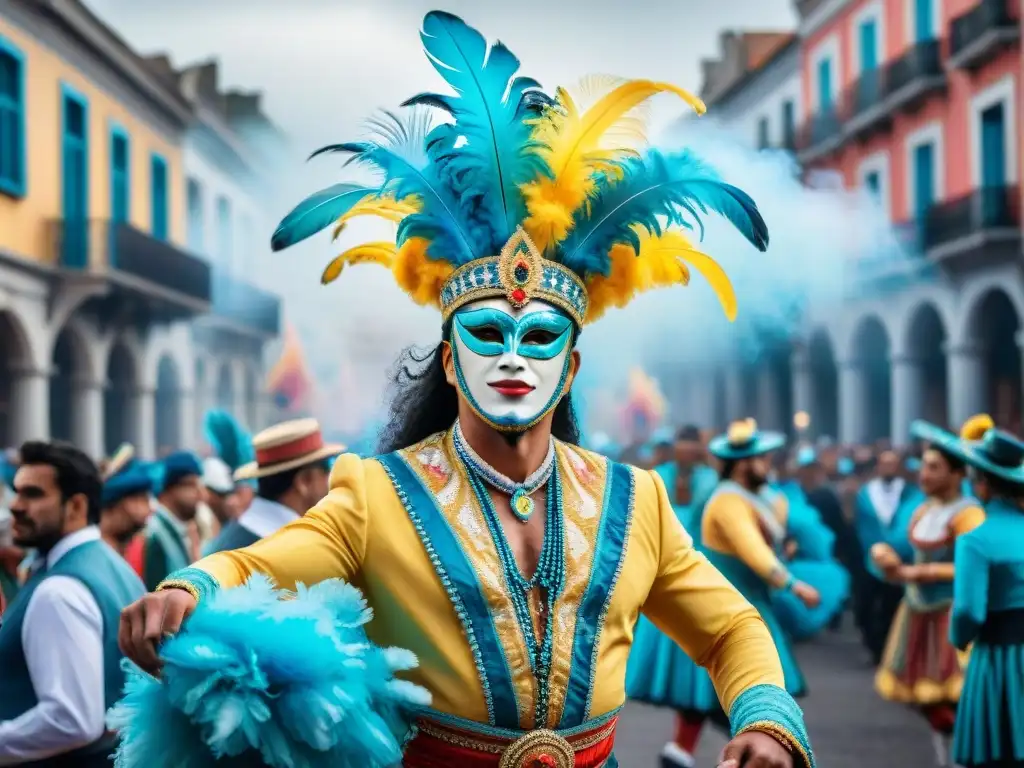 Colorida celebración del Carnaval Uruguayo: desfile de bailarines con plumas y máscaras, música tradicional y edificios coloniales