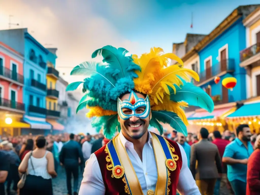 Colorida ilustración acuarela del Carnaval Uruguayo con desfiles, danzas y arquitectura histórica