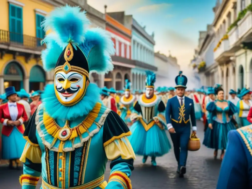 Colorida evolución del Carnaval Uruguayo en imágenes, con deslumbrante desfile y arquitectura colonial de fondo