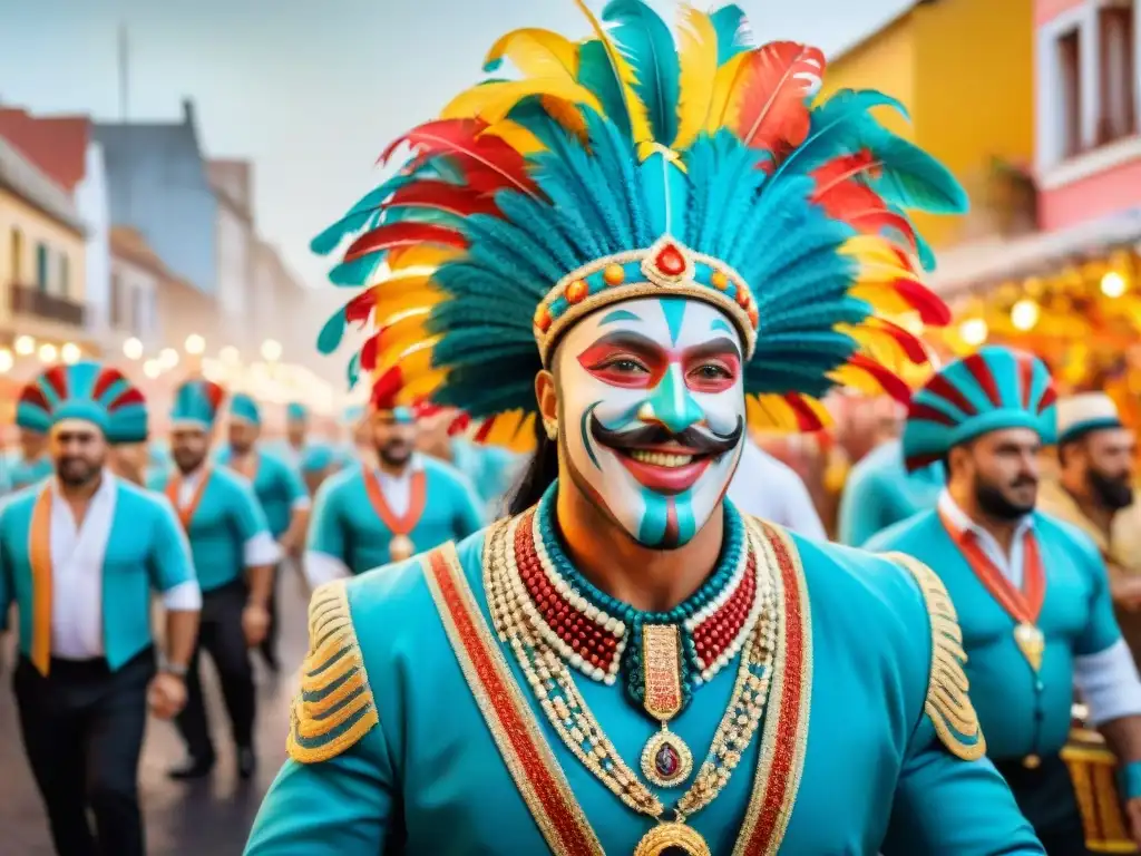 Colorida procesión del Carnaval Uruguayo con trajes y tambores