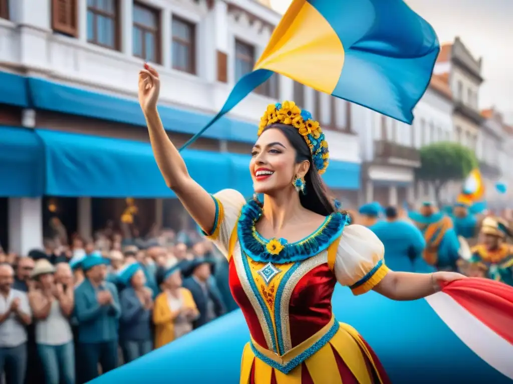 Una colorida carroza del Carnaval Uruguayo con decoraciones florales, banderas y artistas bailando