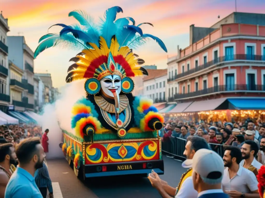 Colorida carroza de Carnaval Uruguayo con personajes icónicos, plumas y música, desfilando por las calles de Montevideo al atardecer