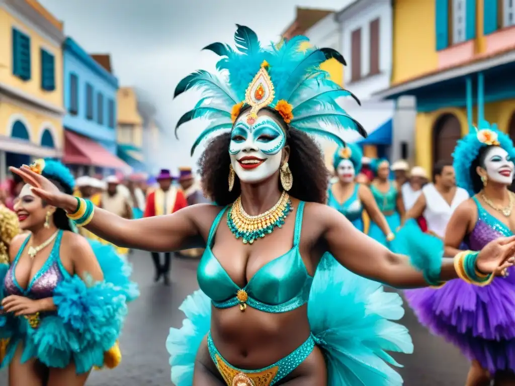 Una colorida celebración de Carnaval inclusivo en Uruguay con personas de todas las edades y culturas disfrutando juntas