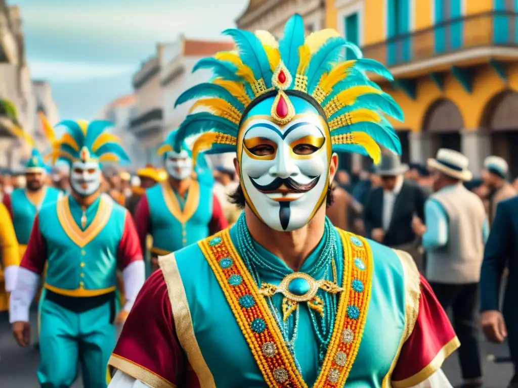 Una colorida celebración del Carnaval Uruguayo, con disfraces vibrantes y música animada en las calles