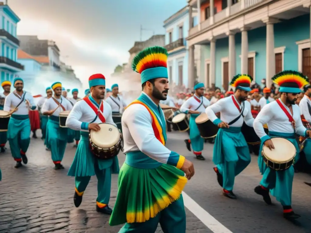 Colorida celebración de candombe en Uruguay, con músicos y bailarines en trajes vibrantes y ritmo tradicional uruguayo