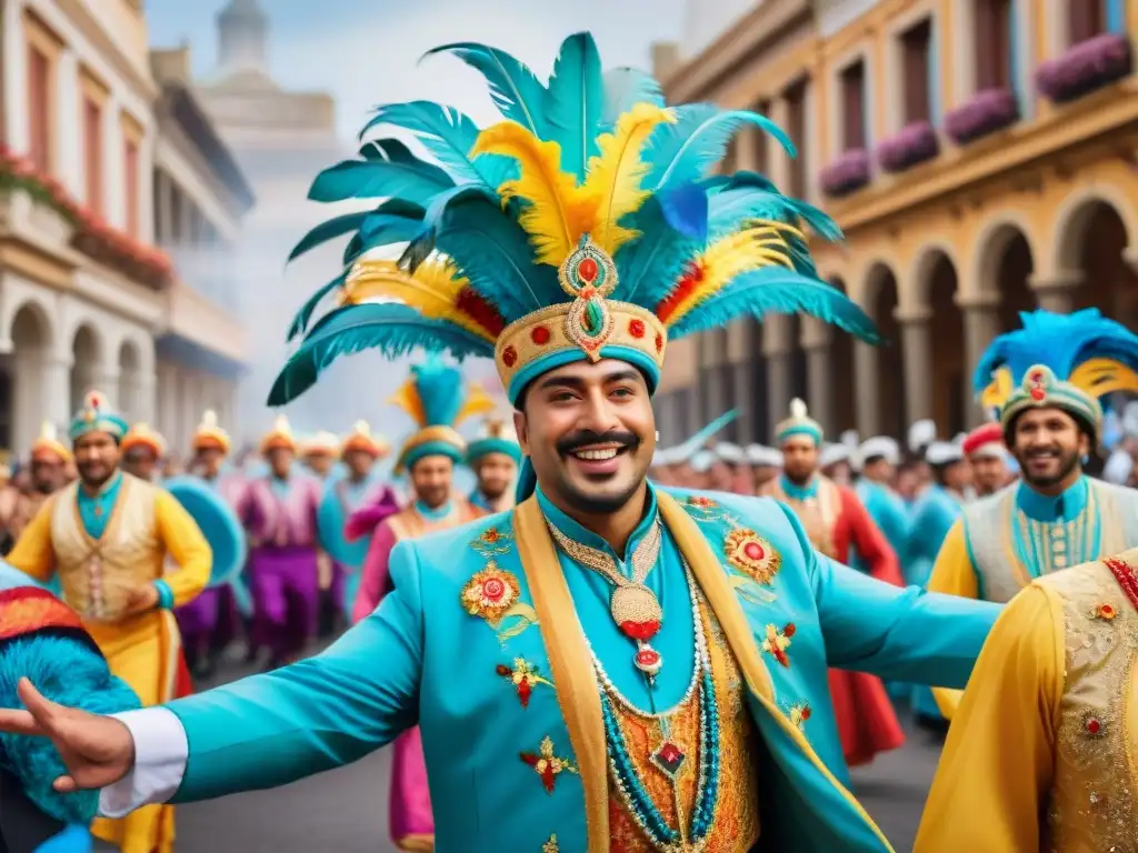 Colorida comida del Carnaval de Uruguay: desfile vibrante, gente diversa en trajes festivos, música tradicional y floats decorados