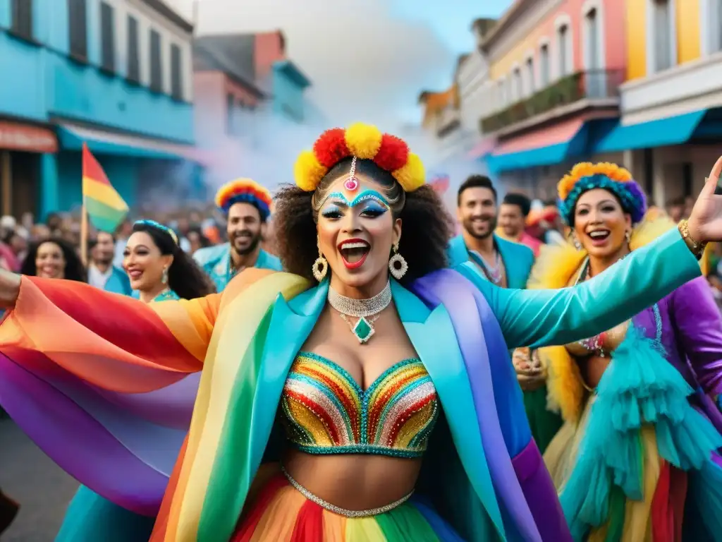 Una colorida comparsa de Agrupaciones LGBT+ en Carnaval Uruguayo, desafiando normas con alegría y creatividad