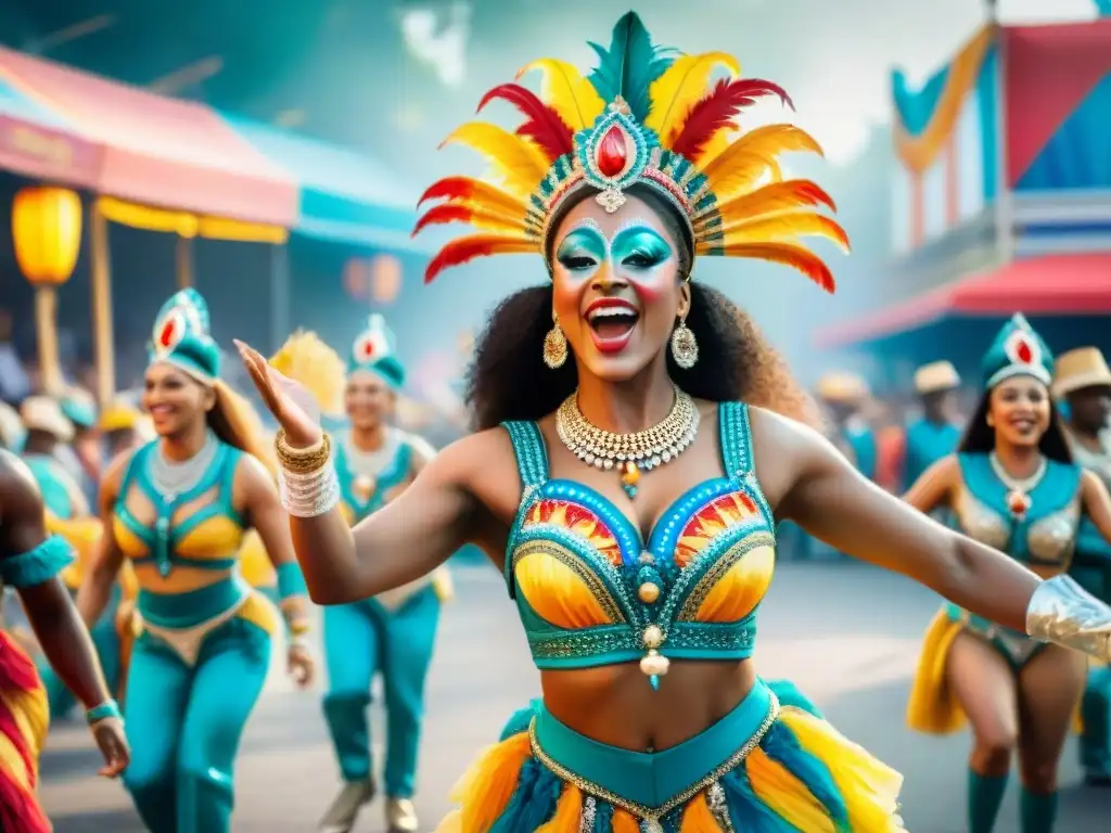 Desfile de Carnaval: Comparsas coloridas y empoderadas Una colorida comparsa de carnaval con inclusión de género en trajes festivos, celebrando con alegría y unión