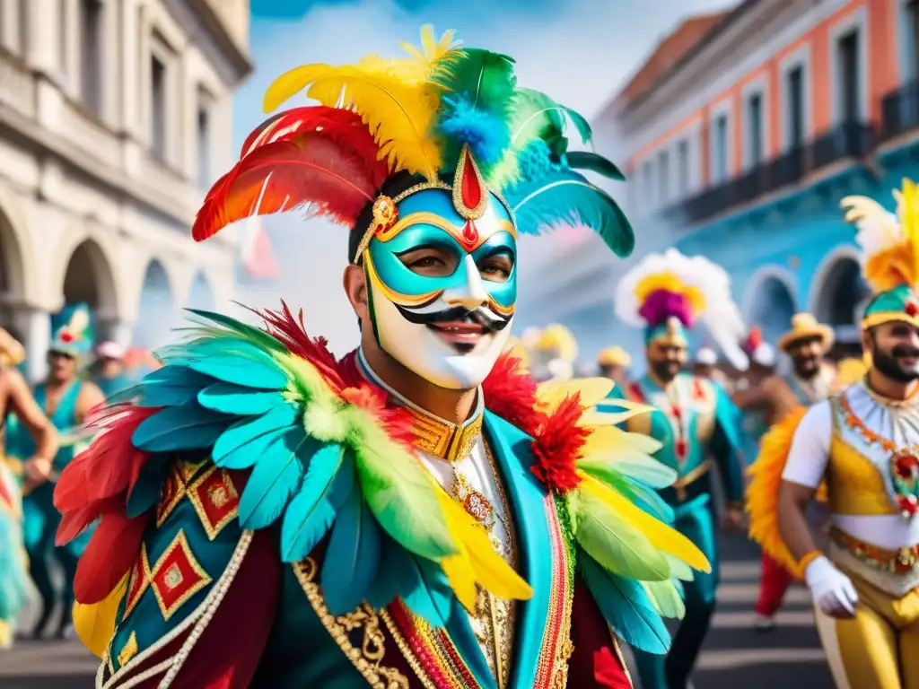 Colorida comparsa LGBT+ en el Carnaval Uruguayo, celebrando la diversidad con alegría y fiesta