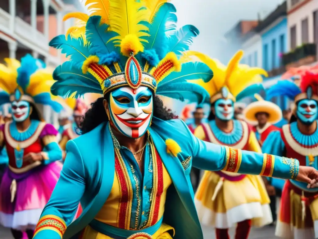 Una colorida comparsa en el Carnaval Uruguayo muestra la importancia del Carnaval Uruguayo