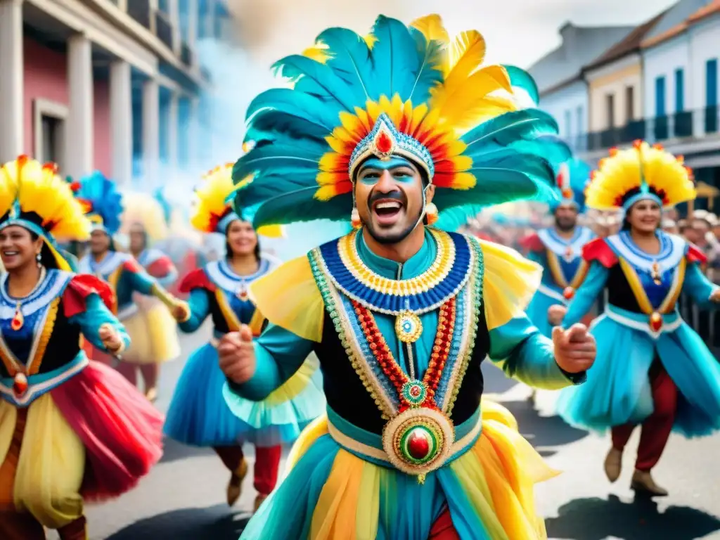 Colorida comparsa en el Carnaval Uruguayo: detallados trajes, música festiva y energéticos bailarines