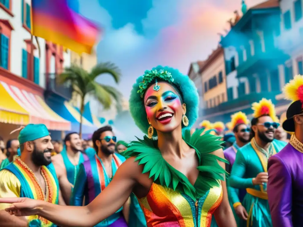 Una colorida comparsa LGBT+ celebra la diversidad en el Carnaval Uruguayo, con trajes extravagantes y alegre baile