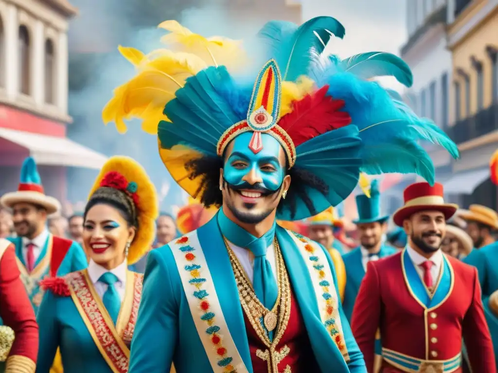 Una colorida comparsa LGBT+ en Uruguay celebra la diversidad con trajes extravagantes y símbolos modernos en un desfile festivo y alegre