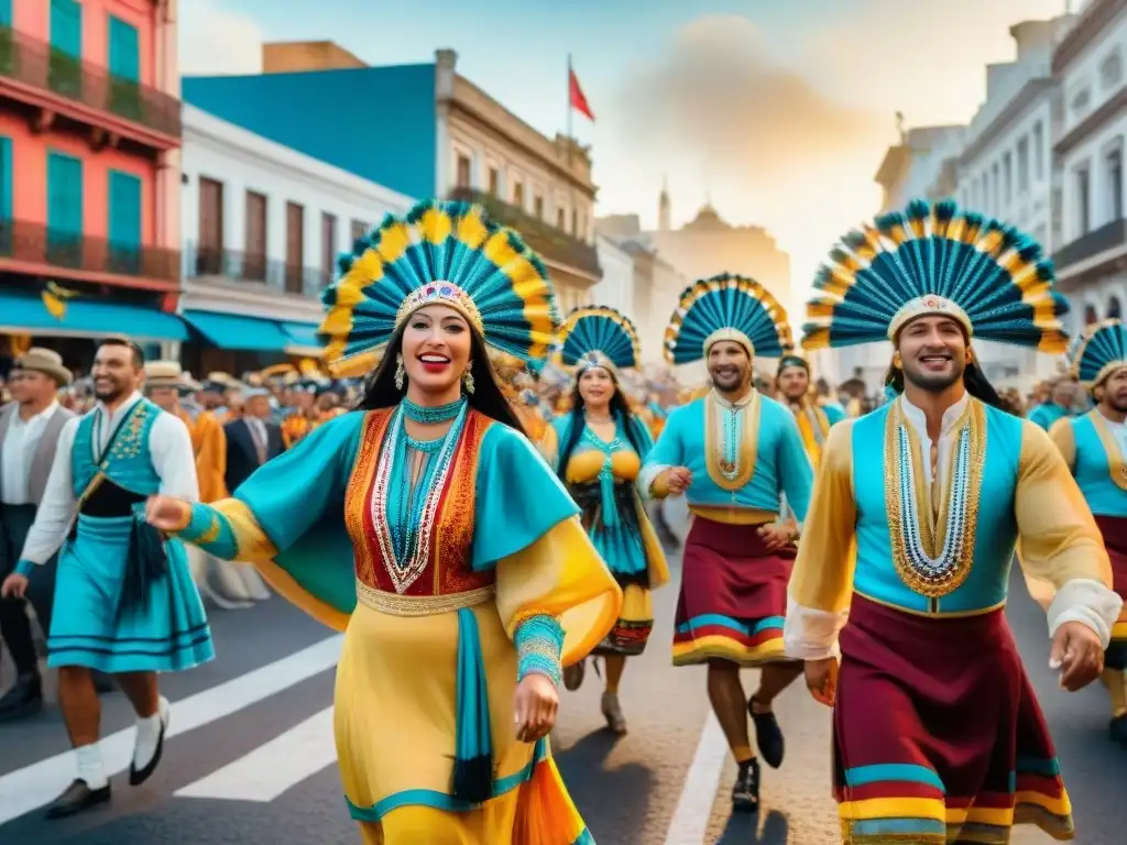 Una colorida comparsa uruguaya en un desfile vibrante, capturando la esencia de la celebración cultural y el impacto de la globalización