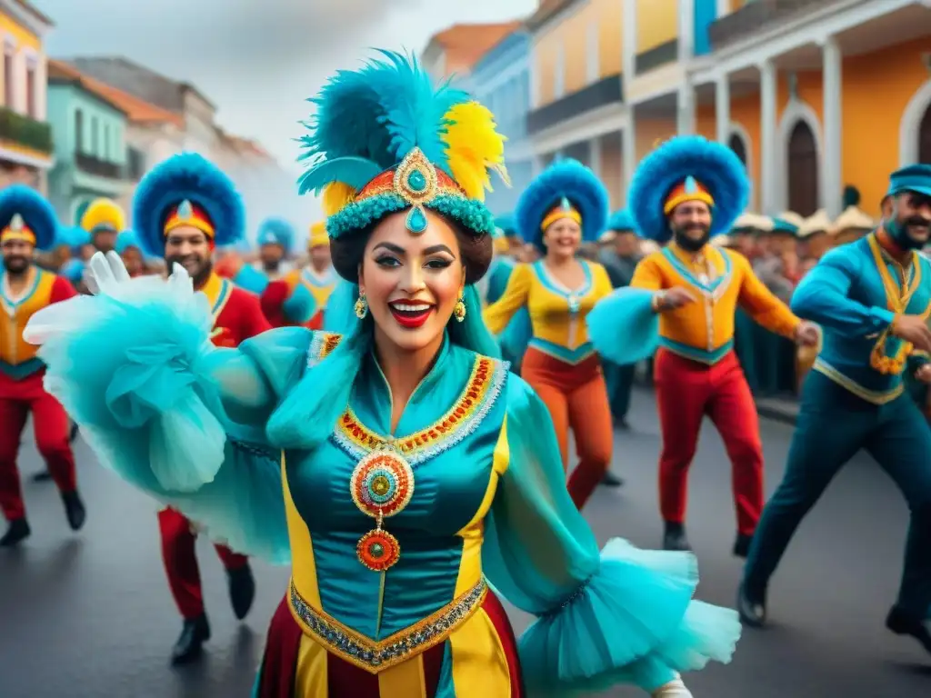 Colorida danza de artistas en el Carnaval Uruguayo: salud y alegría en vibrante desfile