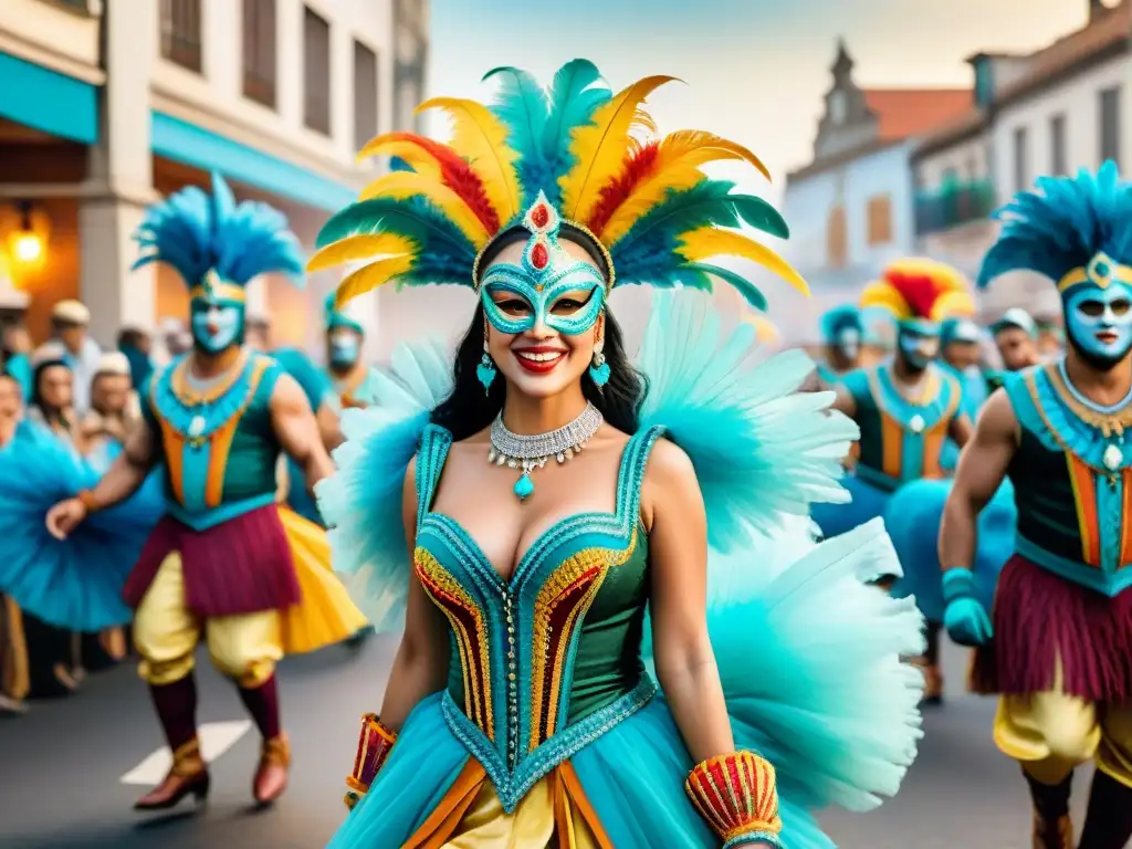 Colorida ilustración acuarela de desfile de Carnaval Uruguayo