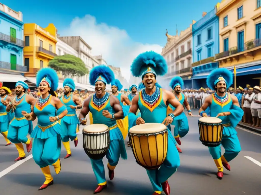 Una colorida ilustración detallada en acuarela de un vibrante desfile de Candombe en Montevideo, Uruguay