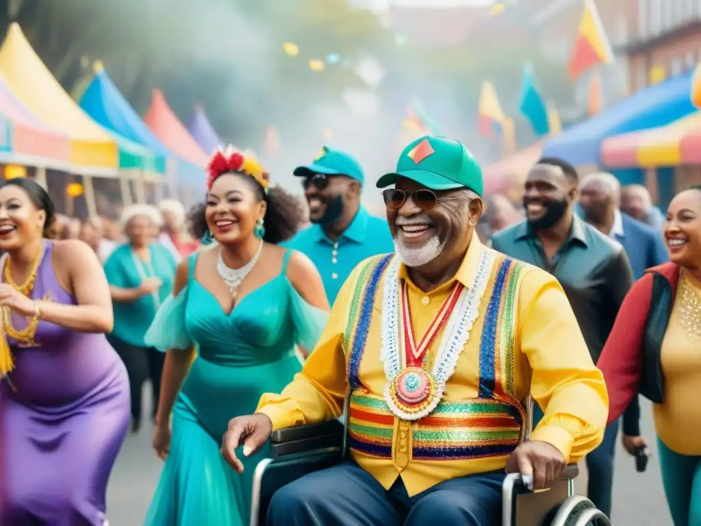 Una colorida ilustración acuarela muestra diversidad de personas disfrutando juntas en un desfile de Carnaval