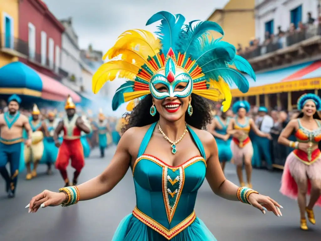 Una colorida fotografía documental del Carnaval Uruguayo con trajes vibrantes, máscaras intrincadas y bailarines alegres