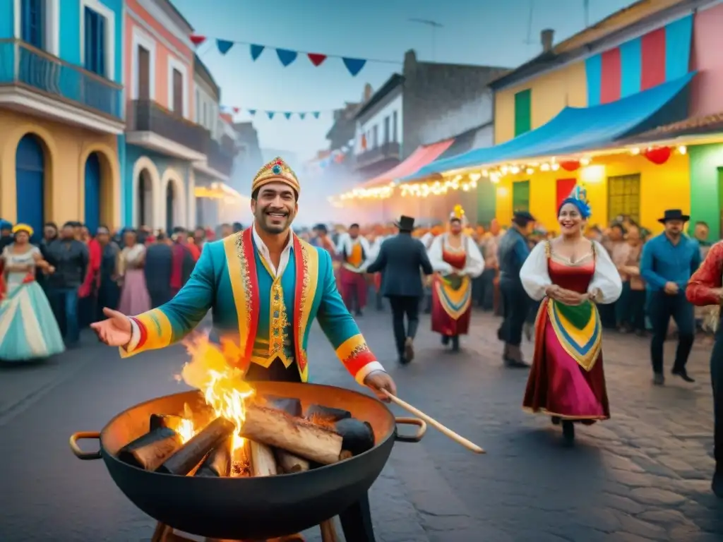 Una colorida escena callejera del Carnaval en Uruguay con una cazuela tradicional al fuego, bailarines y músicos alegres