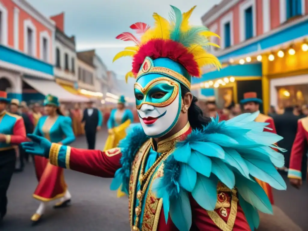 Una colorida escena callejera del Carnaval en Uruguay, con bailarines y multitudes