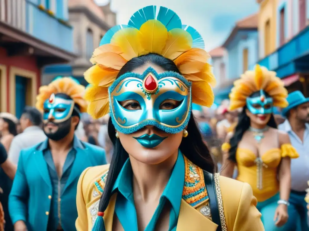 Una colorida escena callejera del Carnaval en Uruguay, con máscaras y disfraces vibrantes