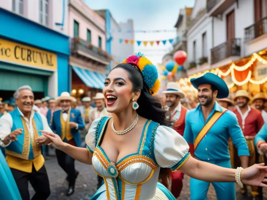 Colorida escena callejera del Carnaval en Uruguay, con gente bailando y disfrutando juntos