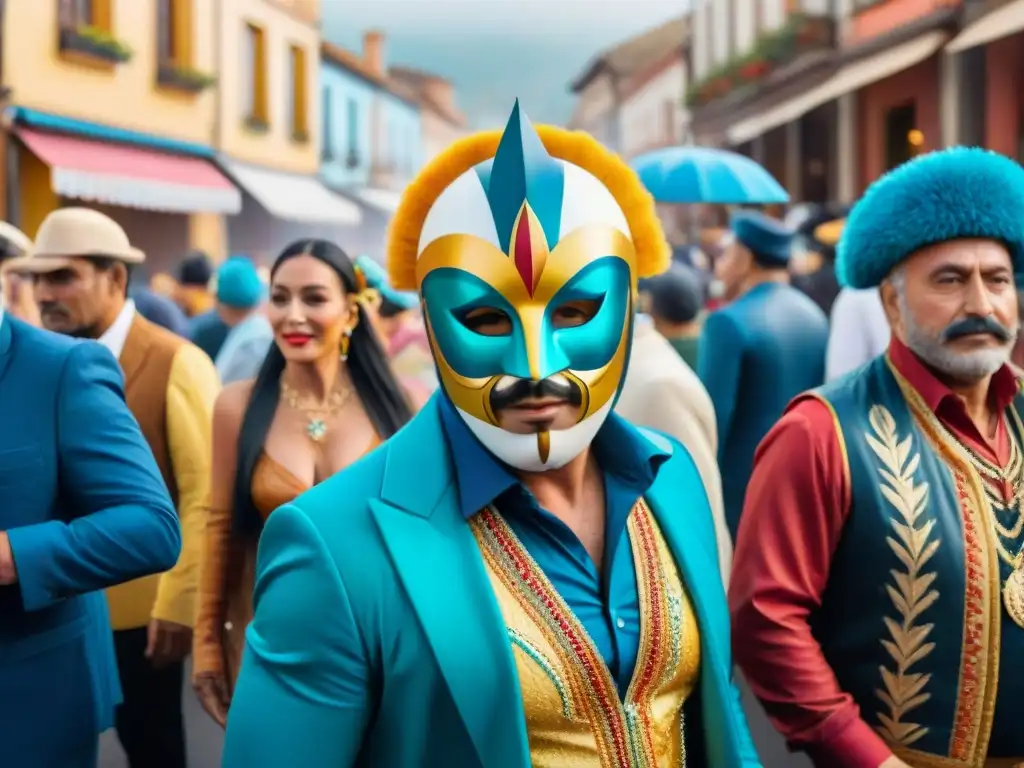 Colorida escena callejera del vibrante Carnaval Uruguayo, resaltando la importancia económica de los artesanos