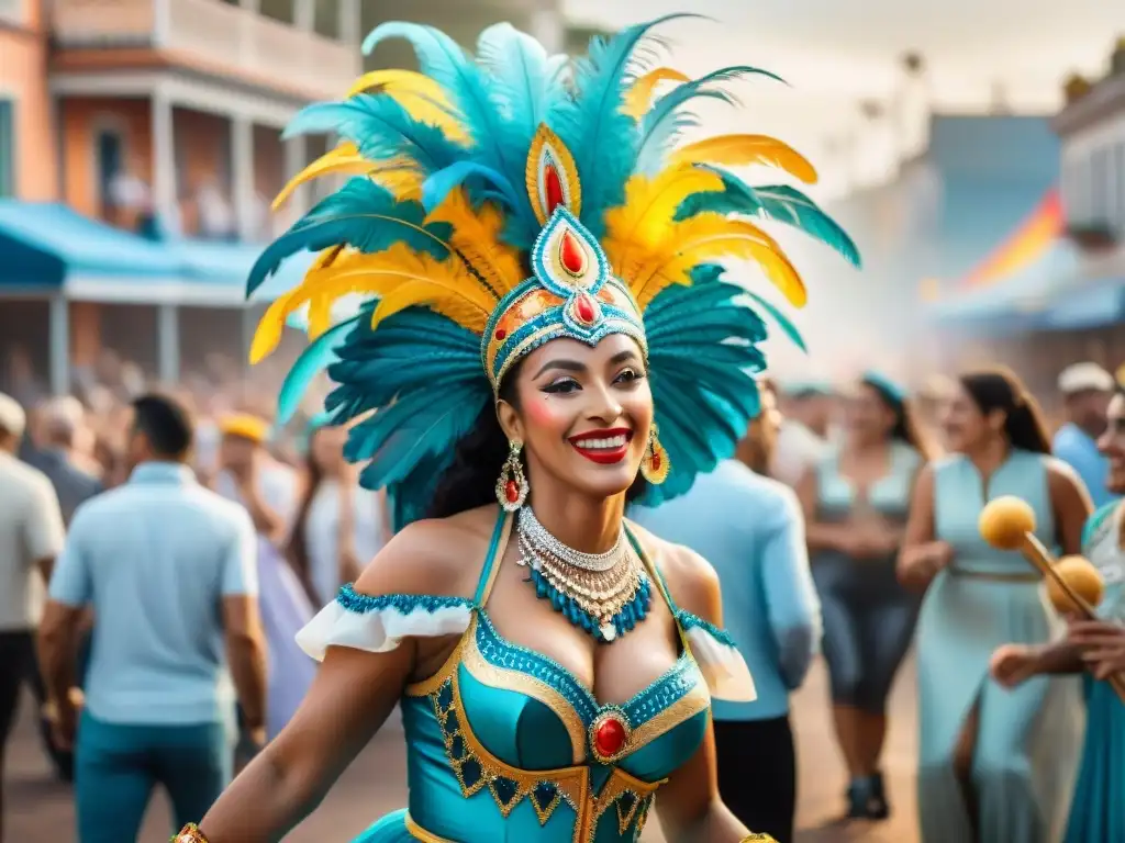 Colorida escena de carnaval en Uruguay, con danzas tradicionales y música envolvente