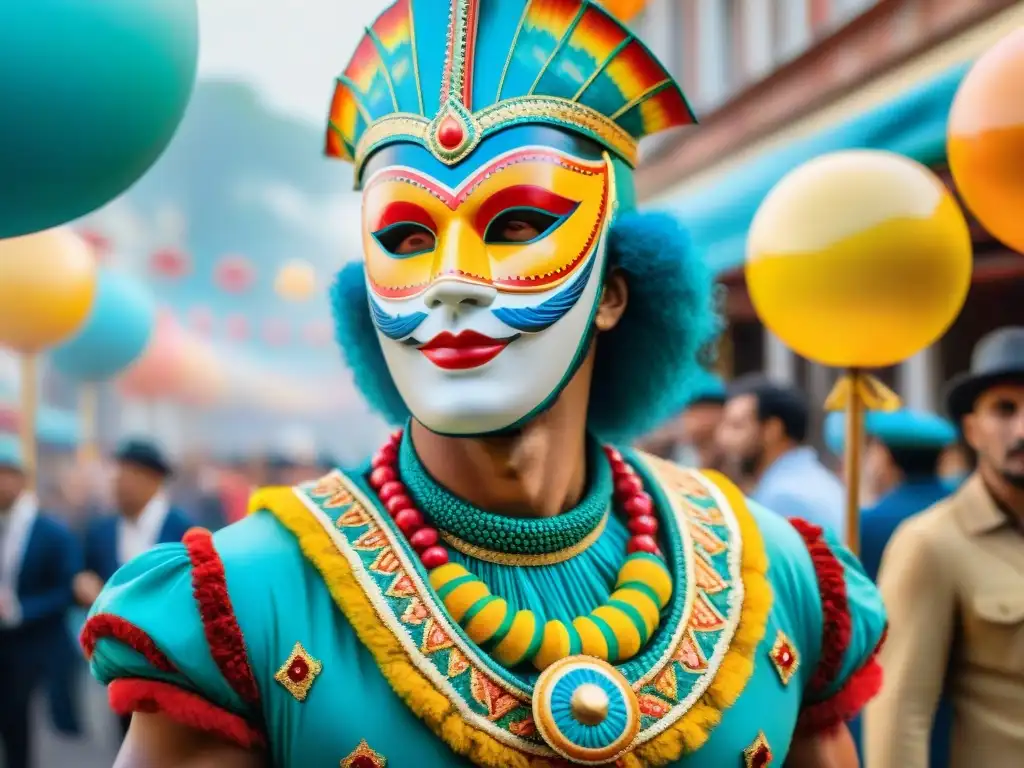 Colorida escena de carnaval en Uruguay con danzas, carros alegóricos y receta alfajores carnaval Uruguayo