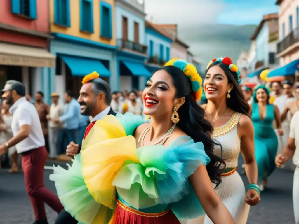 Colorida escena de un Carnaval inclusivo en Uruguay: gente diversa bailando alegremente en la calle con trajes llamativos