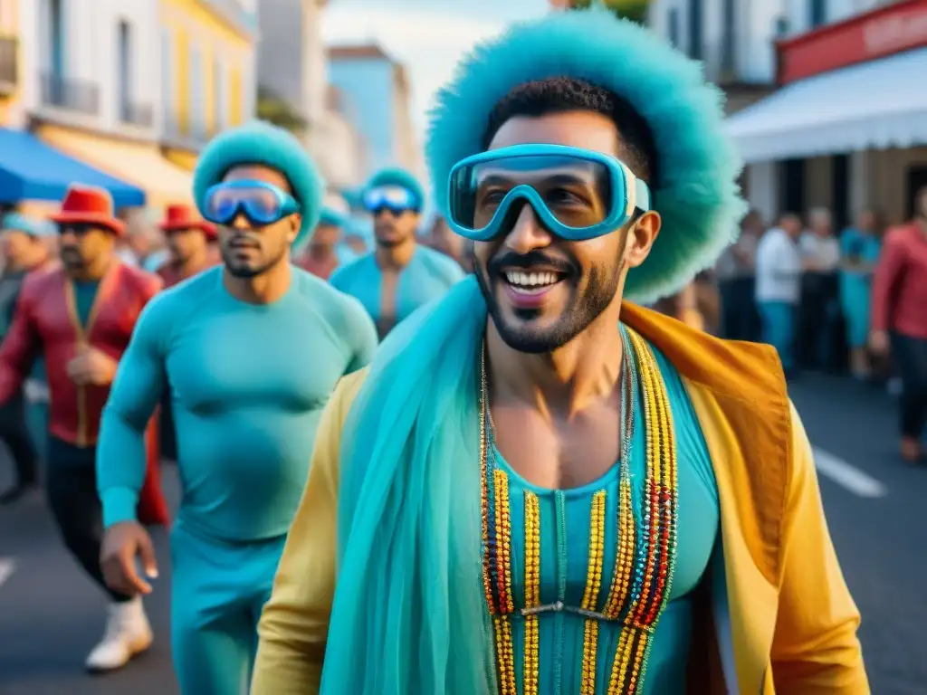 Una colorida escena del Carnaval en Uruguay con participantes y dispositivos de monitoreo de salud integrados en sus atuendos festivos