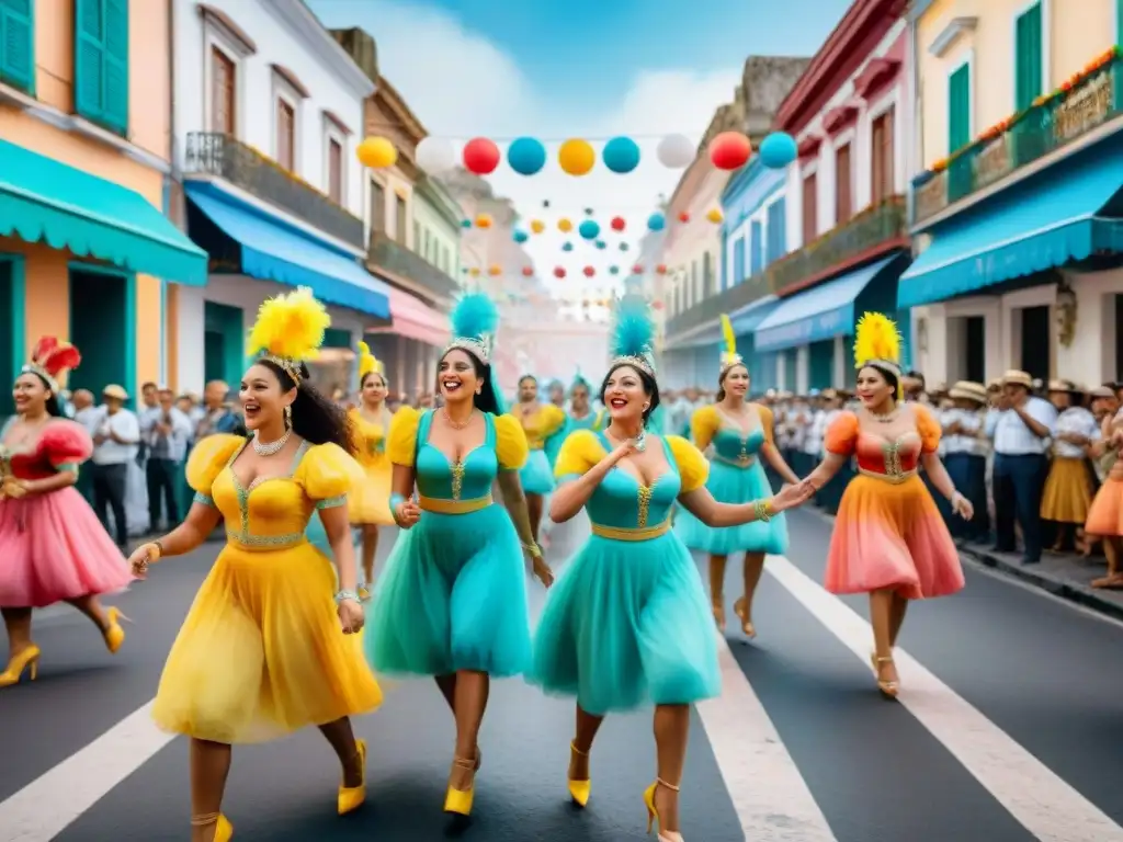 Colorida escena de Carnaval en Uruguay con participantes disfrutando el tradicional Pastel de Carne