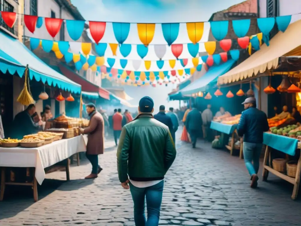 La colorida escena del Carnaval en Uruguay con puestos de comida y personas en trajes festivos