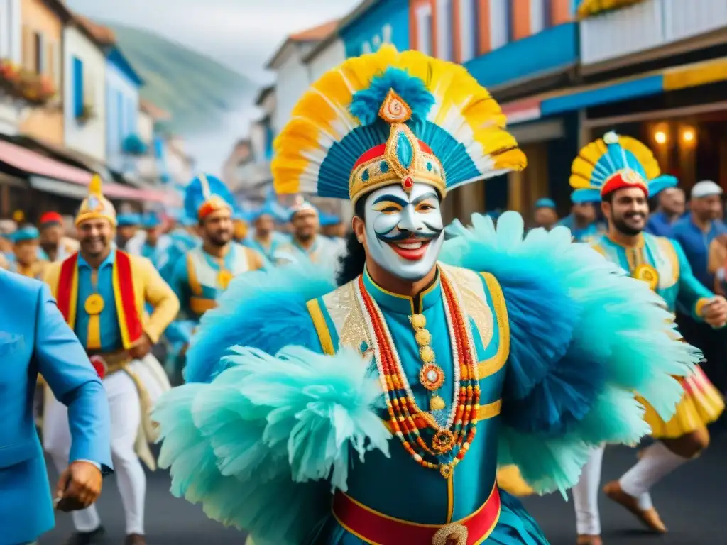 Colorida escena del Carnaval Uruguayo con comunidades conectadas y celebrando juntas