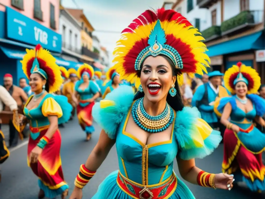 Colorida escena del Carnaval Uruguayo con comunidades conectadas, desfiles y música tradicional