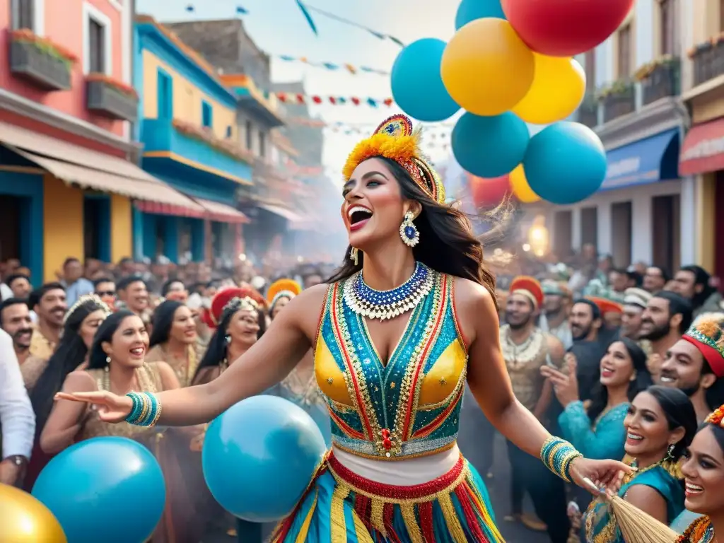 Una colorida escena del Carnaval Uruguayo con la importancia de las murgas, alegría y energía en las calles