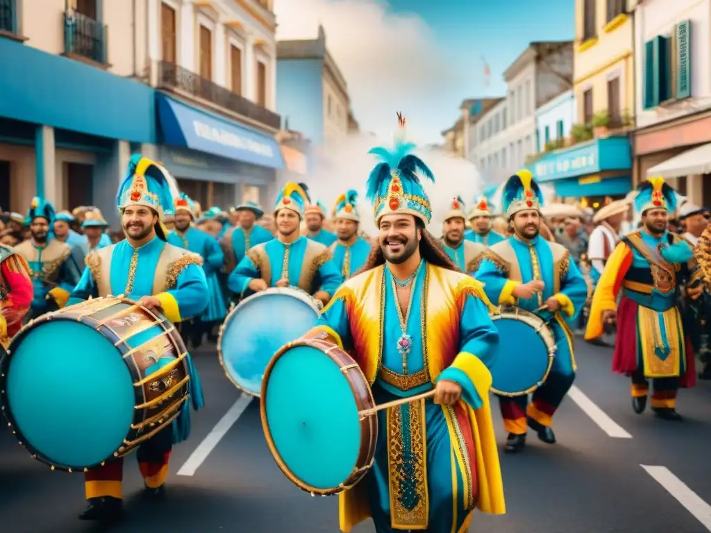 Colorida escena del Carnaval Uruguayo con Parodistas en vibrantes trajes, celebrando la Importancia de los parodistas en el Carnaval Uruguayo