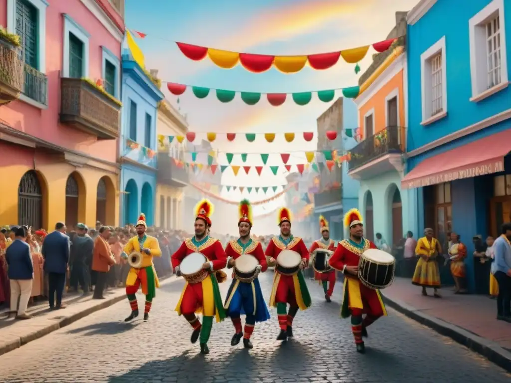 Colorida escena del Carnaval Uruguayo con bailarines, tambores y casas pintorescas, reflejando historias personales Carnaval Uruguayo