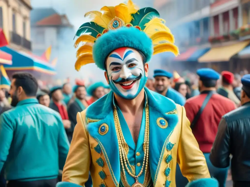 Una colorida escena del Carnaval Uruguayo con trajes icónicos en la bulliciosa calle