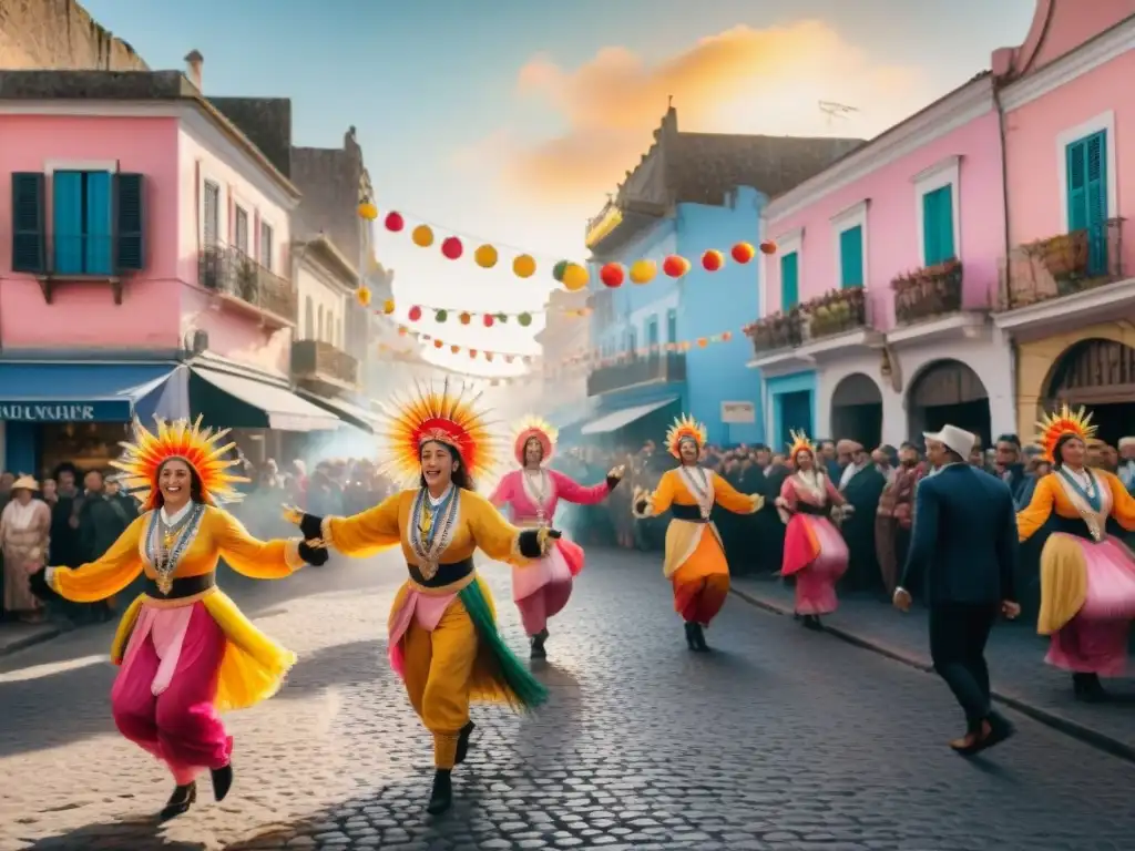 Colorida escena de Carnaval Uruguayo: calles llenas de alegría, danzas y desfiles, estrategia económica cultural