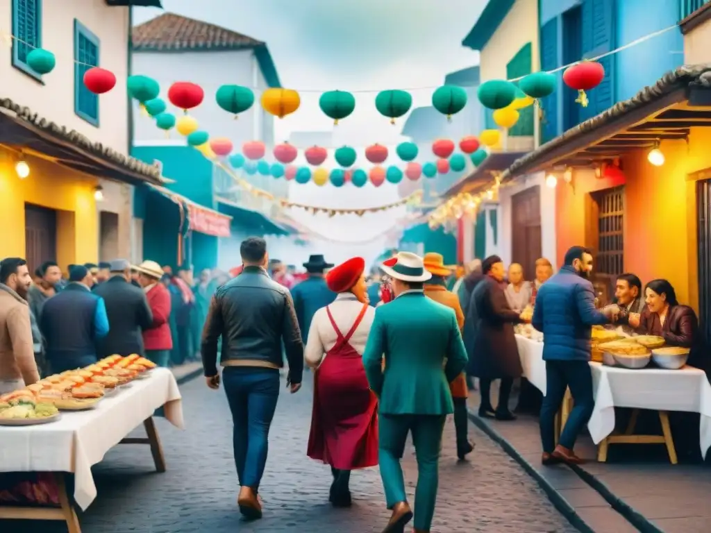 Colorida ilustración acuarela de la gastronomía del Carnaval Uruguayo en una bulliciosa calle llena de comida tradicional y festividad