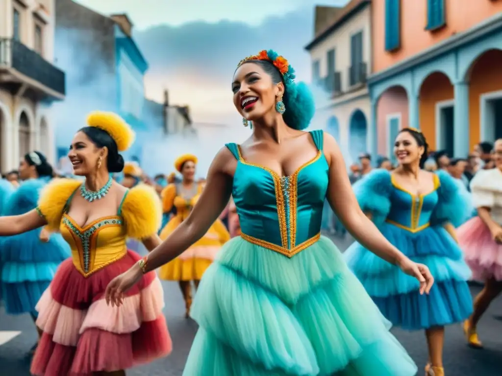 Una colorida ilustración acuarela de un grupo diverso de personas bailando alegremente juntas en un animado desfile de Carnaval en Uruguay