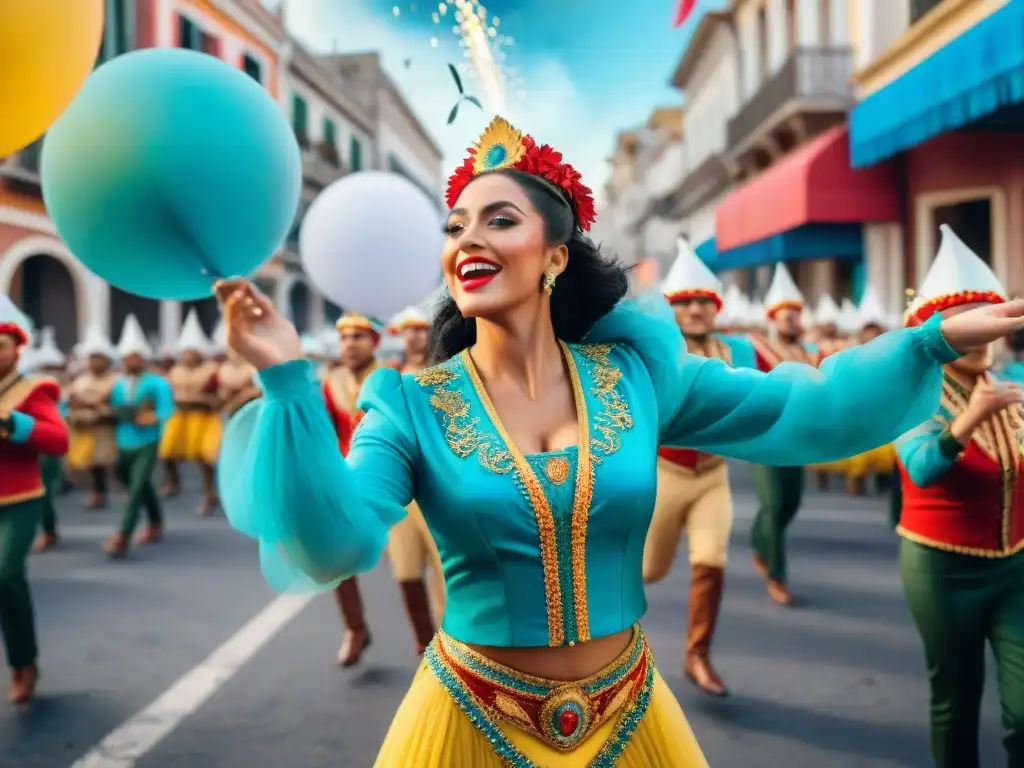 Una colorida fotografía que captura la magia del Carnaval Uruguayo con deslumbrantes trajes, músicos y espectadores alegres