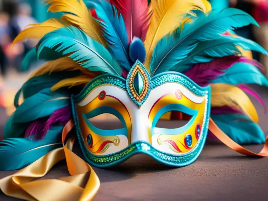 Colorida máscara de carnaval uruguayo con plumas, lentejuelas y patrones, en un desfile festivo