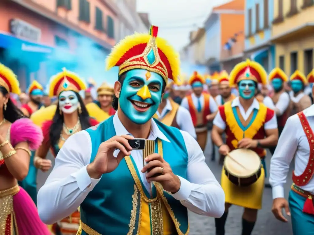 Colorida murga del Carnaval Uruguayo con redes sociales y tradición de murgas